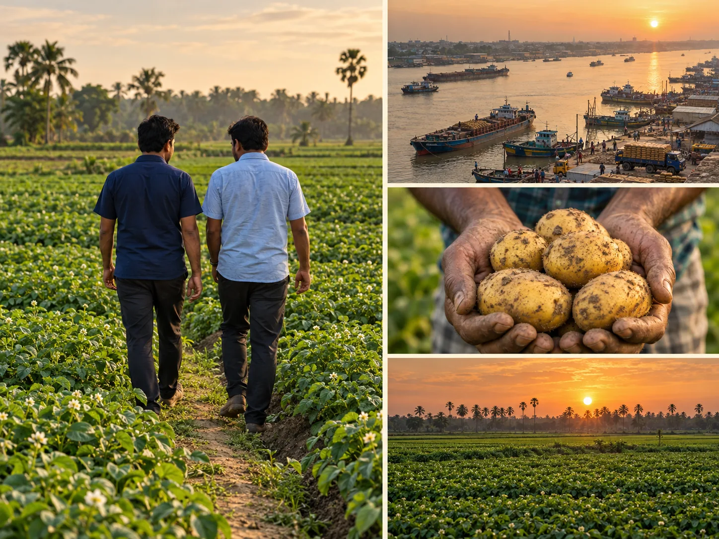 Illustrative river port, freshly harvested potatoes and green fields